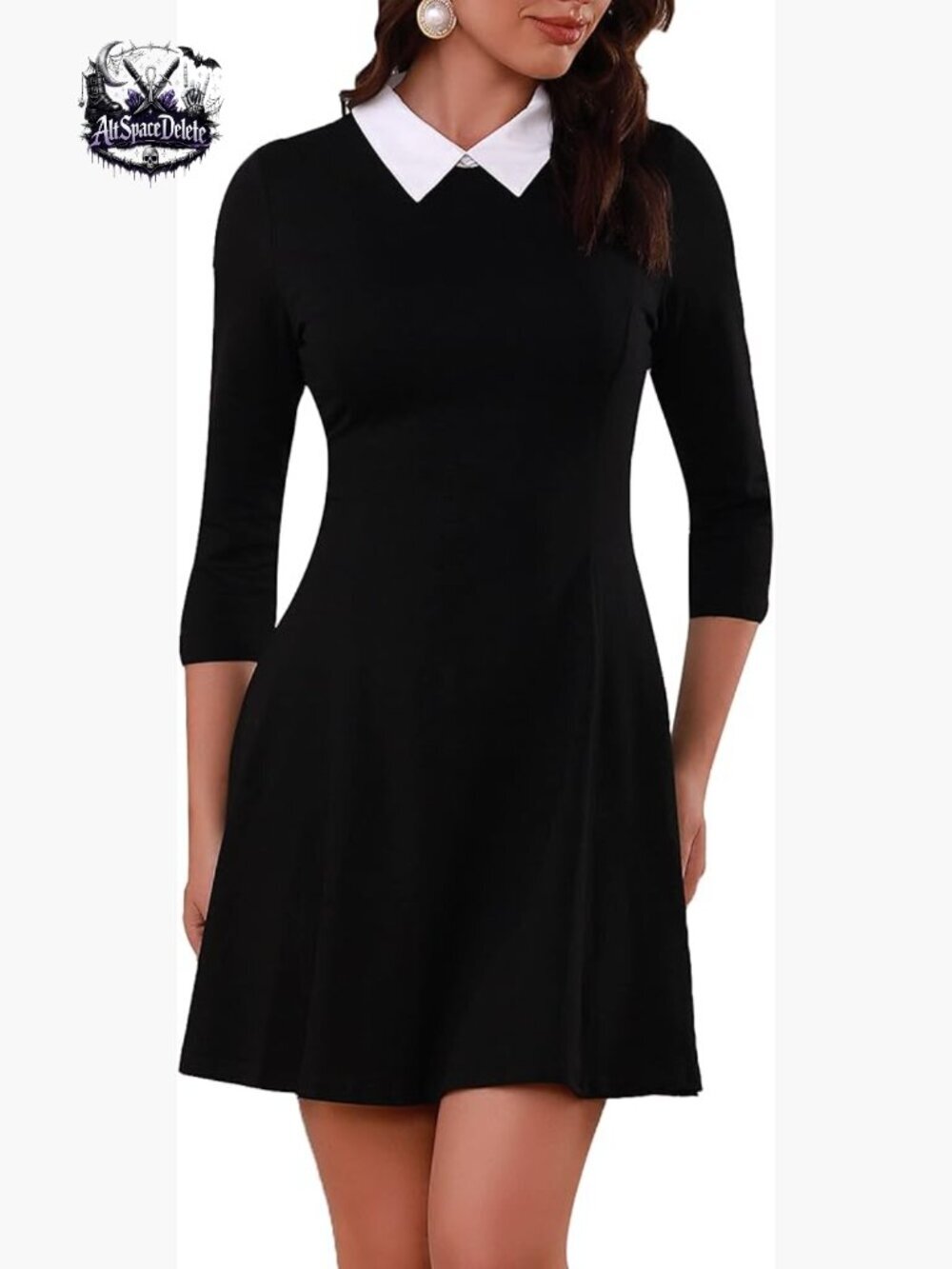 Fit & Flare Dress with Peter Pan Collar, 3/4 Sleeves, Cotton Spandex